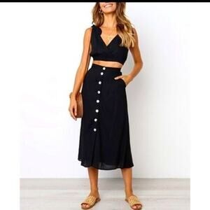 Black Midi Skirt & Crop Top Set by Laklook Size L NWT 2 Piece Outfit